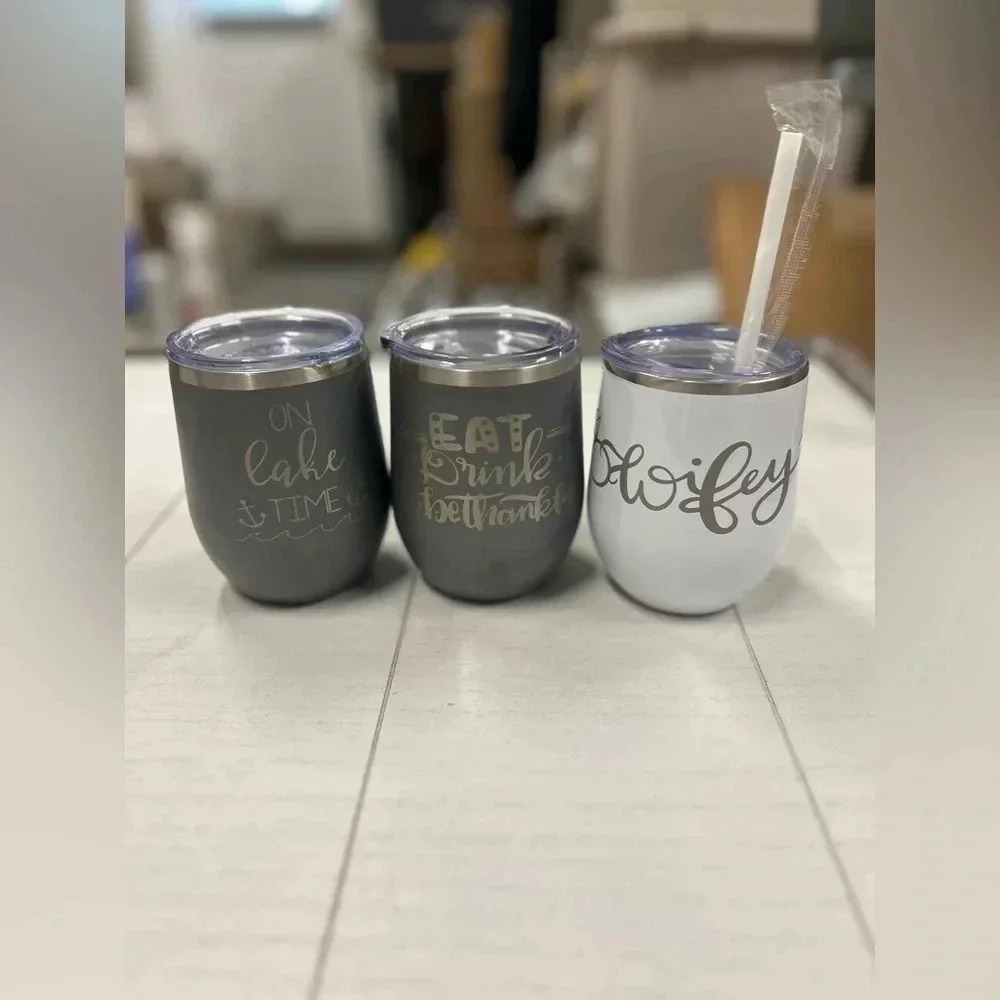 NWOT (LOT of 3) Engraved 12 oz Wine Tumblers White Gray‎